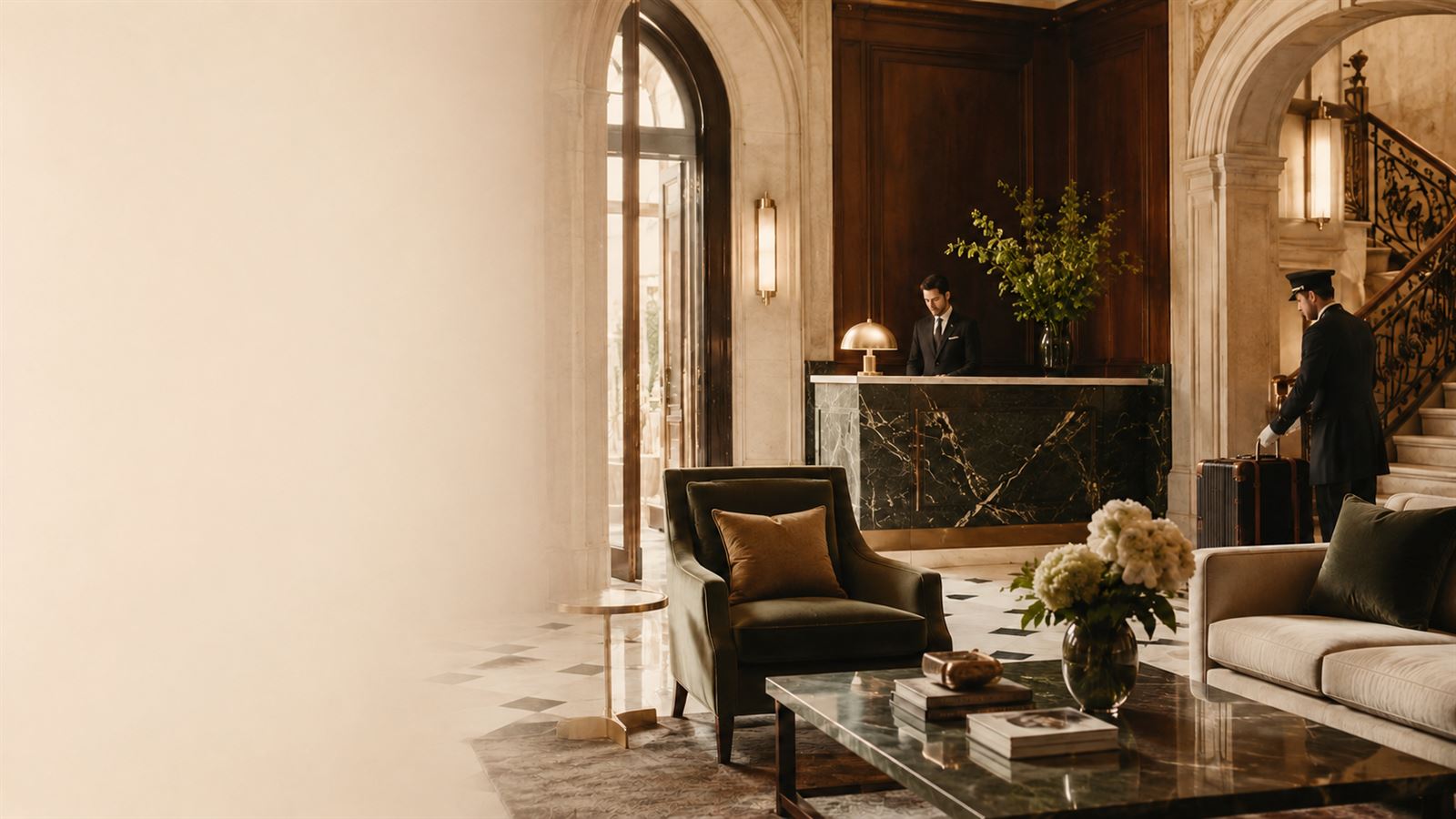 A concierge welcoming a guest in a warm, marble-and-brass boutique hotel lobby